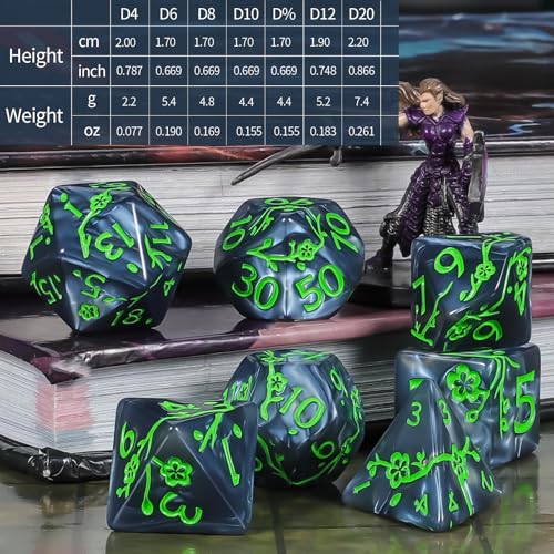 CiaraQ 7pcs Polyhedral Dice Set for Dungeon and Dragons MTG Table Games | Acrylic Role Playing Dice for D&D with Black Velvet Bag – Black Pearl with Green Numbers & Plum Blossom Patterns - color: Black and Green Floral Dice