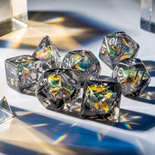 Haxtec DND Dice Set, 7 Pcs Iridescent Resin Polyhedral RPG Dice | Role Playing Games Dice with Velvet Pouch, Compatible with Dungeons and Dragons, Gifts for DM Masters, Black Silver - color: Black Gold Silver