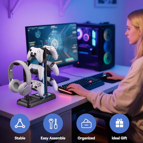 KDD RGB Multi-Controller Holder with 9 Light Modes - Rotatable Universal Headphone Hanger - Controller Stand with 6 Detachable Hooks for Desktop Gamer Accessories