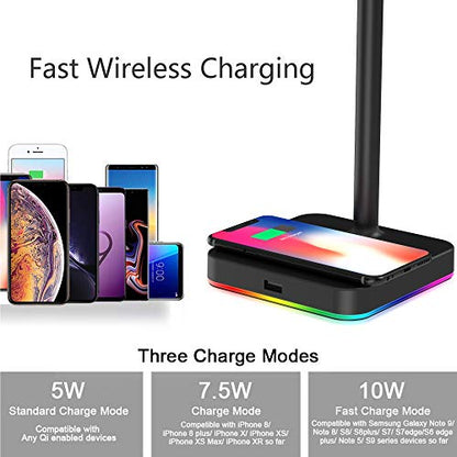 KAFRI RGB Dual Headphone Stand with Wireless Charger Desk Gaming Double Headset Holder Hanger Rack with 10W/7.5W QI Charging Pad and QC 3.0 USB Port - Suitable for Gamer Desktop Table Game Earphone - color: Black- Dual