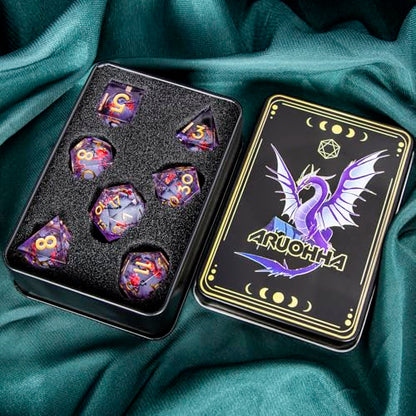 ARUOHHA DND Resin Dice Plum Blossom Liquid Core Golden Purple Sharp Edged Dragons Polyhedral Dice Set with Gift Box, Dungeons D and D Dice Set Role Playing Game D20 D12 D10 D8 D6 D4 - color: Flower&purple White-2