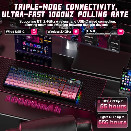 LINGBAO K98 PRO Mechanical Keyboard Wireless, with Screen & Knob,RGB Gaming Keyboard, Tri-Mode BT5.0/2.4GHz/USB-C, Gasket Mount Hot-Swappable Linear Switches Gamer Keyboards for PC/Mac/Linux/Android - color: K98Pro | 10000mAh | Gradient Black Pink