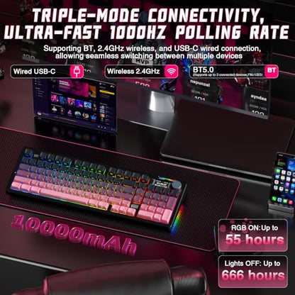 LINGBAO K98 PRO Mechanical Keyboard Wireless, with Screen & Knob,RGB Gaming Keyboard, Tri-Mode BT5.0/2.4GHz/USB-C, Gasket Mount Hot-Swappable Linear Switches Gamer Keyboards for PC/Mac/Linux/Android - color: K98Pro | 10000mAh | Gradient Black Pink