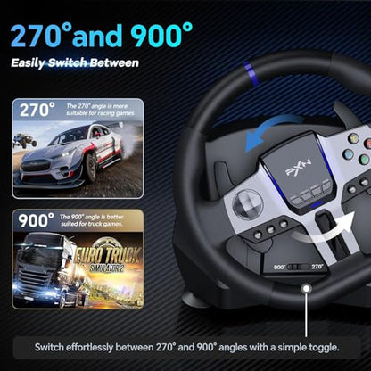 PXN V9 GEN2 Gaming Steering Wheel for PC, Xbox & PS4 | 270°/900° USB Sim Racing Wheel with Hall Pedals, H Shifter, Dual Paddles, Vibration Feedback, RGB & App Support