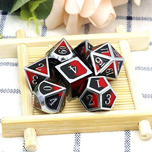 Haxtec Metal DND Dice Set Silver Red Black Enamel Vampire D&D Dice with Leather Dice Bag Compatible with Dungeons and Dragons TTRPG Gift for DND Lovers Players Masters | Silver Edge D&D Dice with Leather Bag, Compatible with Dungeons and Dragons, Vampire