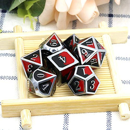 Haxtec Metal DND Dice Set Silver Red Black Enamel Vampire D&D Dice with Leather Dice Bag Compatible with Dungeons and Dragons TTRPG Gift for DND Lovers Players Masters | Silver Edge D&D Dice with Leather Bag, Compatible with Dungeons and Dragons, Vampire