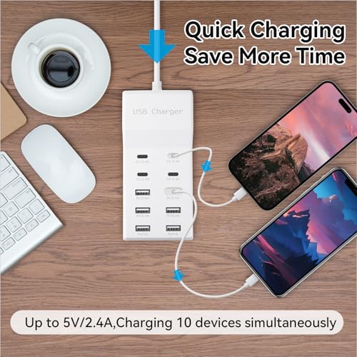 USB Power Strip Charging Station, 10-Port 6A+4C Multi Charger Block | 50W 10A Total Output, Auto-Detect Tech, Compatible with iPhone, Samsung, iPad Multi Device Home Office Travel Use