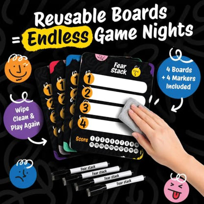 Fear Stack – What Freaks Out Your Friends and Family? A Fun Ranking Game for Adults and Kids | Includes 184 Cards, 4 Whiteboards, and 4 Markers