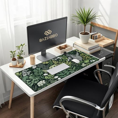 Baziabbo Green Desk Mat,XXL Extended Big Mouse Pad,Gaming Mousepad with Stitched Edge,Non-Slip Rubber Base Keyboard Desk Pad for Home Office Study Game - color: Ferns Flowers