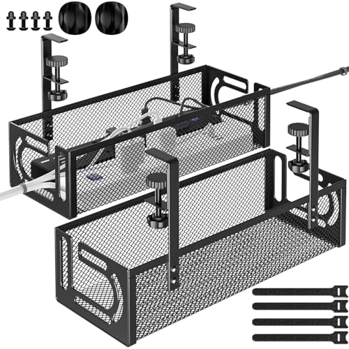 Under Desk Cable Management Tray, 15.7'' No Drill Steel Desk Cable Organizers, Wire Management Tray Cable Management Rack (2 Packs-Black) - color: 2 Packs-15.7"-Black