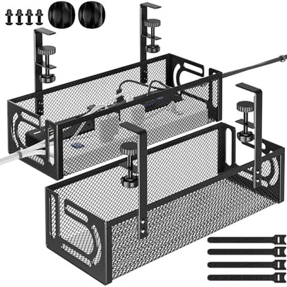 Under Desk Cable Management Tray, 15.7'' No Drill Steel Desk Cable Organizers, Wire Management Tray Cable Management Rack (2 Packs-Black) - color: 2 Packs-15.7"-Black