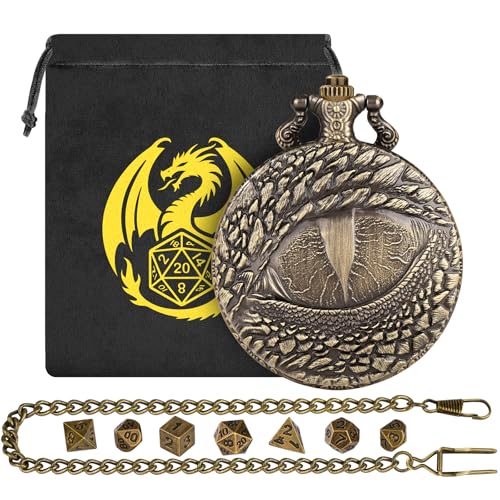 Mini DND Dice Set with Retro Dragon's eyes Pocket Watch Shell Case, DND Starter Set, 7pcs Polyhedral Mini Metal Dice Set, D&D Gifts with Gift Bag, Role Playing Board Game Accessories, Bronze - color: Bronze