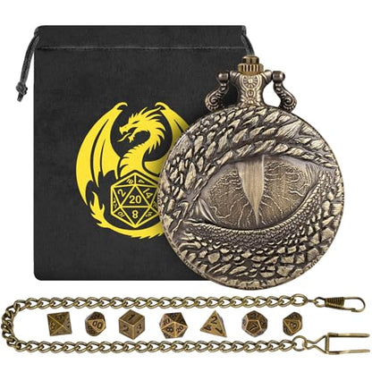 Mini DND Dice Set with Retro Dragon's eyes Pocket Watch Shell Case, DND Starter Set, 7pcs Polyhedral Mini Metal Dice Set, D&D Gifts with Gift Bag, Role Playing Board Game Accessories, Bronze - color: Bronze