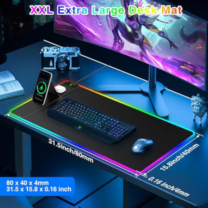 XXL RGB LED Gaming Mouse Pad with Magnetic Wireless Charger & Foldable Phone Holder, 31.5"x15.8" Extended Ultra-Smooth Desk Mat, 25 Lighting Effects, Non-Slip Base - color: RGB-Magnetic Stand-31.5"x15.8"-Left