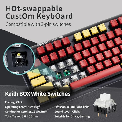 Hexgears GK735 Wired Mechanical Gaming Keyboard, Hot-Swappable Full-Size Keyboard with White Backlit + Surround Side Light Strip, Aluminum Finish, Kailh Clicky Switches (Red-Yellow) - color: Red-Yellow, size: Clicky