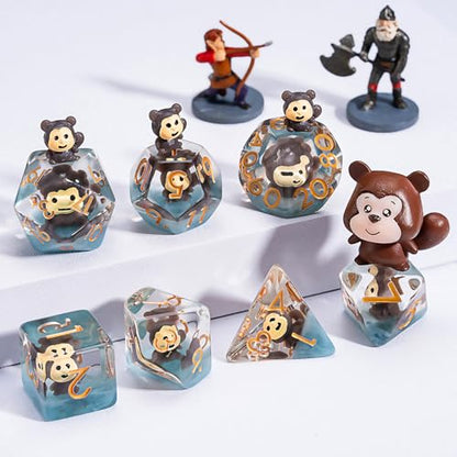 DND Dice Set, Bear Resin Cute Polyhedral Dice for Dungeons and Dragons, RPG, MTG D&D 7-DIE (D4, D6, D8, D10, D12, D20, D%) for Ages 15 and Up - color: Monkey