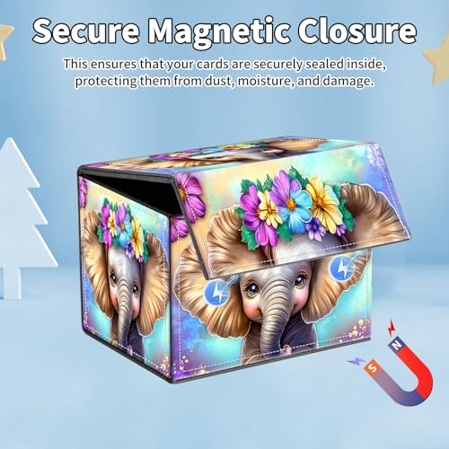 for MTG Commander Deck Box,Card Deck Box for Trading Yugioh MTG,Fits 100 Double Sleeved Cards,PU Leather Strong Magnet Case for Magic Commander TCG CCG,Cute Elephant Flower - color: Cute Elephant Flower