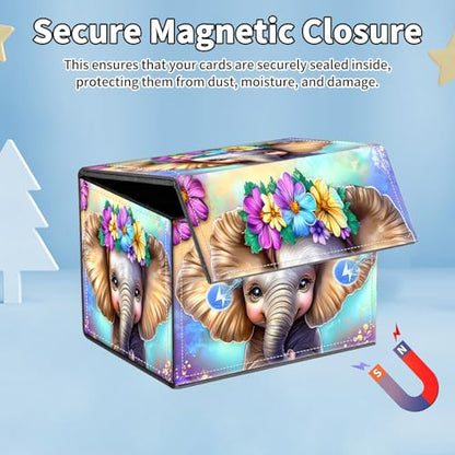 for MTG Commander Deck Box,Card Deck Box for Trading Yugioh MTG,Fits 100 Double Sleeved Cards,PU Leather Strong Magnet Case for Magic Commander TCG CCG,Cute Elephant Flower - color: Cute Elephant Flower