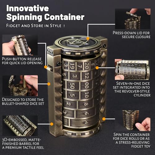 CZYY Rifle Bullet Dice Set, Metal 7 Polyhedral Dice Set for Tabletop Games | D4 to D20 & D%, Spinning Cylinder-Style Case, Cartridge Holder Belt, Gift for RPG Players & Collectors, Bronze - color: Bronze