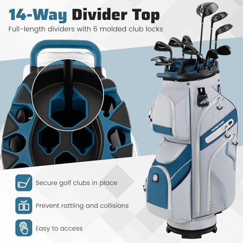 Goplus Lightweight Golf Cart Bag, Molded Lock Top Golf Club Bag w/14-Way Full Length Organizer Dividers, 11 Pockets, Cooler Bag, Straps, Umbrella Holder & Rain Hood for Men Women - color: Grey+Navy