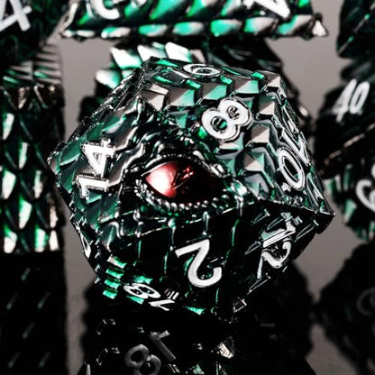 Metal Dice Set D&D,7 PCS Dragon Scale Metallic DND Dice Set,Dragon Eye Metal Dice with Grogeous Gift Case for Dungeons and Dragon Tabletop Game (Dark Green Dragon Scale & Red Eye) - color: Dark Green Dragon Scale & Red Eye