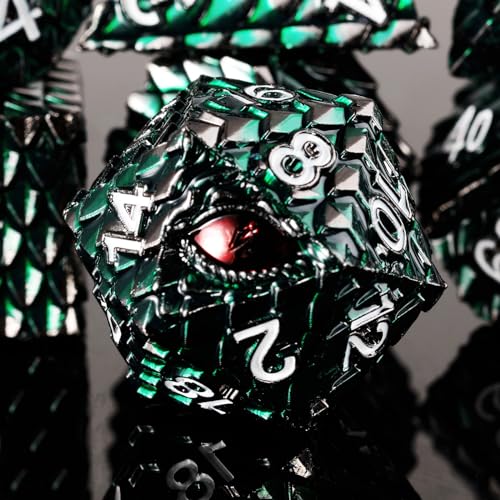 Metal Dice Set D&D,7 PCS Dragon Scale Metallic DND Dice Set,Dragon Eye Metal Dice with Grogeous Gift Case for Dungeons and Dragon Tabletop Game (Dark Green Dragon Scale & Red Eye) - color: Dark Green Dragon Scale & Red Eye