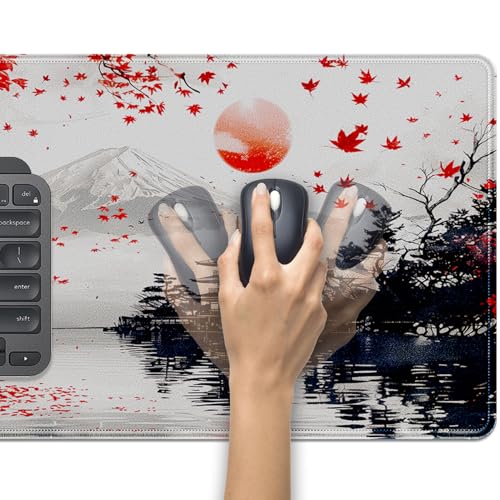 Mount Fuji Mouse Pad Desk Pad, 27.5x11.8 in Japanese Style Mouse Pad Extended Keyboard Mousepad with Stitched Edges, Waterproof Non-Slip Rubber Base for Office Computer Laptop Home - color: Red maple leaves and Mount Fuji