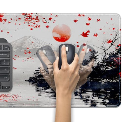 Mount Fuji Mouse Pad Desk Pad, 27.5x11.8 in Japanese Style Mouse Pad Extended Keyboard Mousepad with Stitched Edges, Waterproof Non-Slip Rubber Base for Office Computer Laptop Home - color: Red maple leaves and Mount Fuji