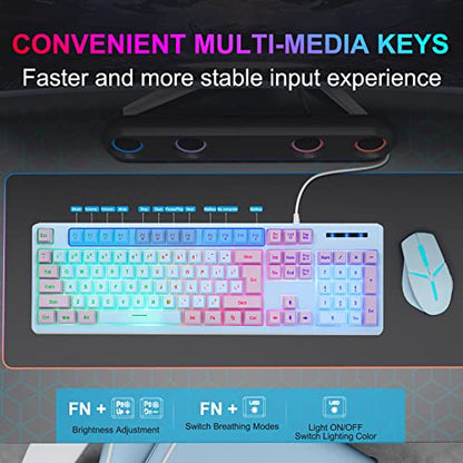 HUO JI Gaming Keyboard USB Wired with Rainbow LED Backlit, Floating Keys, Mechanical Feeling, Spill Resistant, Ergonomic for Xbox, PS Series, Desktop, Computer, PC, Blue Purple - color: Blue/Purple