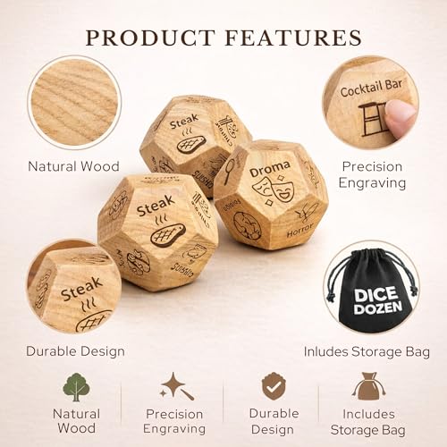 Date Night Dice, 3-in-1 Food, Dinner & Movie Decision Dice Game | Choose meals, movies & activities with every roll; great gift for couples, birthdays, anniversaries & holidays. - style: 3-in-1 Wooden Dice + Holder