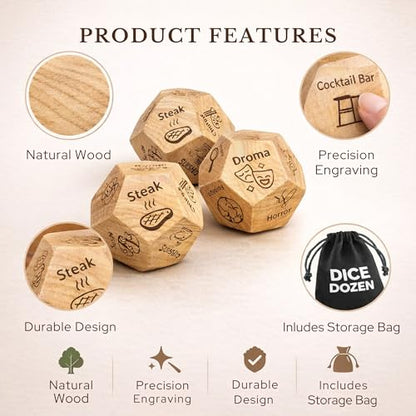 Date Night Dice, 3-in-1 Food, Dinner & Movie Decision Dice Game | Choose meals, movies & activities with every roll; great gift for couples, birthdays, anniversaries & holidays. - style: 3-in-1 Wooden Dice + Holder