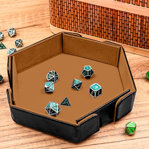 SIQUK Magnetic Folding Dice Tray Hexagon Dice Rolling Tray PU Leather Dice Trays Foldable Dice Holder Dice Rolling Mat Storage Box for D&D RPG Dice Games, Camel - color: Camel