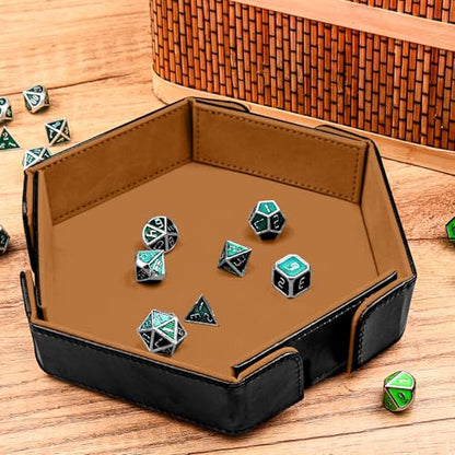 SIQUK Magnetic Folding Dice Tray Hexagon Dice Rolling Tray PU Leather Dice Trays Foldable Dice Holder Dice Rolling Mat Storage Box for D&D RPG Dice Games, Camel - color: Camel