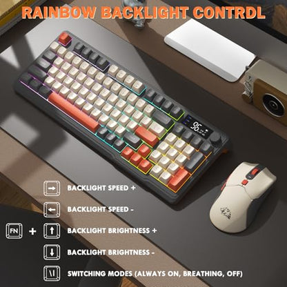 FREEWOLF T96 Smart Display Wireless Gaming Keyboard and Mouse Comb, 94Key LED Lighting Rechargeable Silent Membrane Keyboard with Knobs, 2000mAh Battery, 6-Button 4KDPI Mouse for Win/Mac(Glimmer) - color: Glimmer