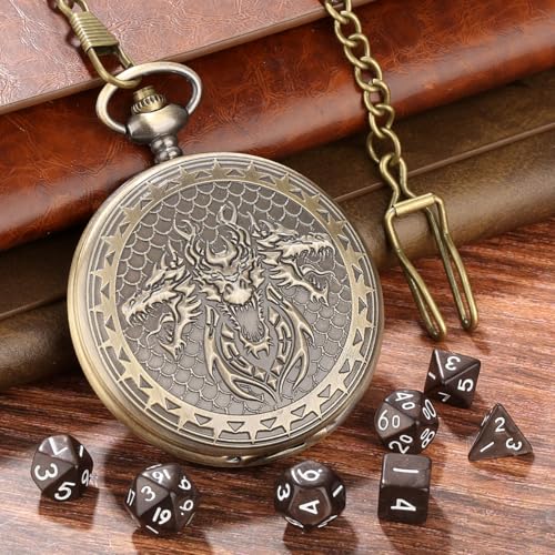 DND Dice Set, 7pcs Small Acrylic Dice with Pocket Watch Case, DND Starter Set, Polyhedral Dice for RPG, Shadowrun, TCG, D&D Accessories, Gifts for Men Women, 3 Head Dragon Design, Brown Dice - color: 3 Dragon Head a