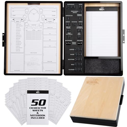 Monster Wooden Deluxe RPG Stat Tracker Case- Keep Track of Player Level, Stats & Currency- Felt Lined Dice Tray, Magnetic Closure w Character Sheets, Store Miniatures & Accessories-Compatible with DND - color: Light Finish