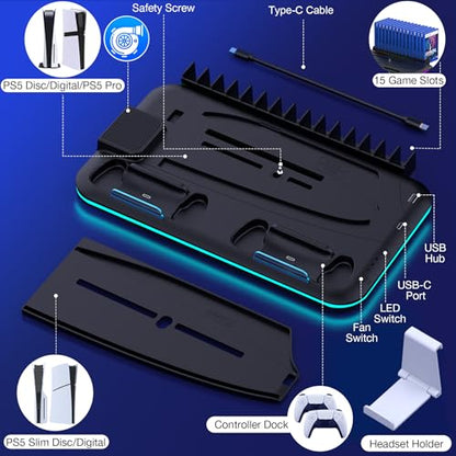 Kawaye PS5/Slim/Pro Stand and Cooling Station for PlayStation 5 Consoles, PS5/Pro/Slim Accessories with 3-Level Cooler Fan, PS5 Controller Charger, Cooling Satnd, Headset Holder, 15 Game Slots, Black