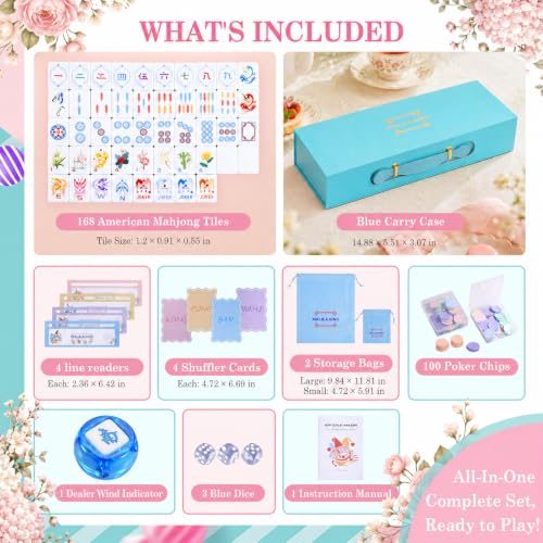 Blue American Mahjong Set, 168 Melamine Tiles | Includes 168 Mahjong tiles with 12 jokers and a gift box. Portable for game nights, weekly clubs and gifting. - color: Blue
