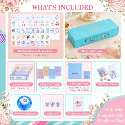 Blue American Mahjong Set, 168 Melamine Tiles | Includes 168 Mahjong tiles with 12 jokers and a gift box. Portable for game nights, weekly clubs and gifting. - color: Blue