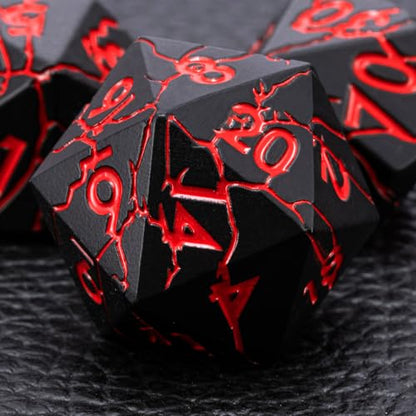 D&D Metal Dice - Sharp Edge Set with Cracks - Polyhedral for D&D RPG & Dungeons and Dragons - color: Matt Black Red
