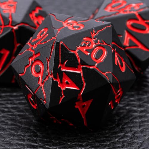 D&D Metal Dice - Sharp Edge Set with Cracks - Polyhedral for D&D RPG & Dungeons and Dragons - color: Matt Black Red
