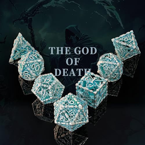 D&D Dice Set, Hollow Blue White Metal Grim Reaper Dice of 7 Piece,Polyhedral DND Dice Role PlayGaming for Dungeons and Dragons Table Game MTG or RPG (Blue and White) - color: Blue White Ss