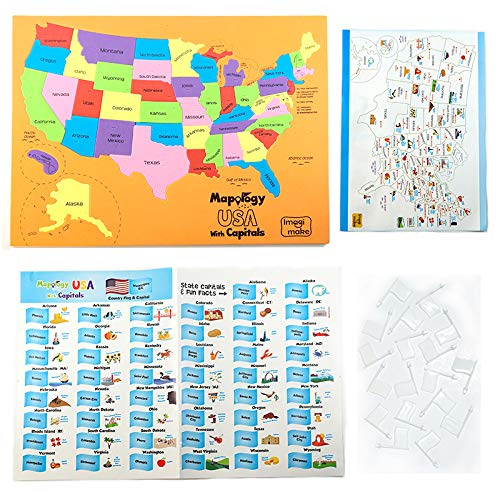Imagimake Mapology USA & World Map Puzzle with Flags, Capitals, Stickers | Educational Toys for Ages 5-7 | Jigsaw Puzzles for Kids Ages 8-10 | Geography Toys for Age 8-13 | 6 Year Old Boy & Girl Gifts - style: USA & World Map