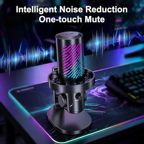 RGB USB Gaming Microphone for PC, Streaming & Podcast, Cardioid Condenser Mic with Noise Reduction, Touch Mute, Headphone Monitoring, Gain Control, Plug & Play for Mac Phone