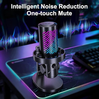 RGB USB Gaming Microphone for PC, Streaming & Podcast, Cardioid Condenser Mic with Noise Reduction, Touch Mute, Headphone Monitoring, Gain Control, Plug & Play for Mac Phone