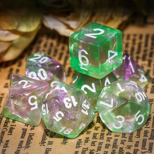 7-Die DND Dice Set Polyhedral Dice Set with a Leather Dice Bag, D&D Dice Set for RPG Table Games (Green Pink/Glitter) - color: Green Pink/Glitter