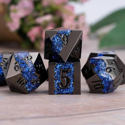 Unique Galaxy Metal DND Dice Set, 7PCS Polyhedral RPG Dice with Glitter River Design for Dungeons and Dragons Tabletop Games - color: Antique Nickel Dark Blue
