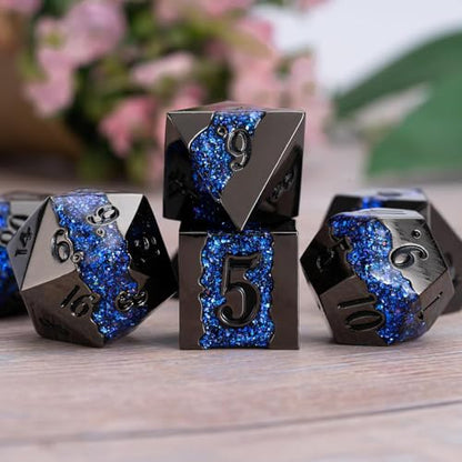 Unique Galaxy Metal DND Dice Set, 7PCS Polyhedral RPG Dice with Glitter River Design for Dungeons and Dragons Tabletop Games - color: Antique Nickel Dark Blue