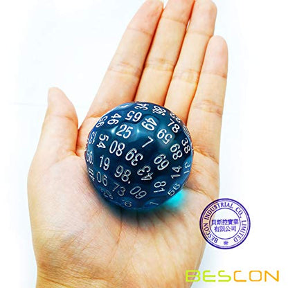 Bescon Translucent Blue Polyhedral Dice 100 Sides, D100 dice, 100 Sided Cube, Transparent D100 Game Dice - color: Translucent Blue D100