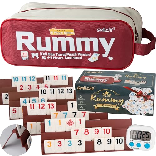 Smilejoy Rummy Cube 8 Player Edition, 214 Tiles in Travel Canvas Bag | Large numbered melmine tiles, 8 playing racks, 6 joker, timer, Travel carry bag, Tile travel game for Festival Gift choice - size: Large (6-8 player)